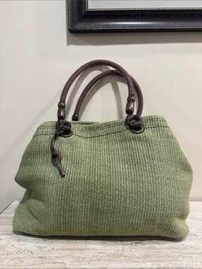 Fossil Olive Green Woven Tote with Brown Handles